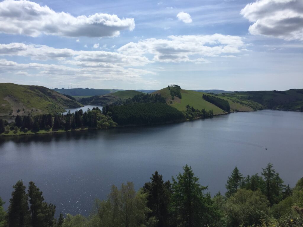 Clywedog Reservoir viewpoint on the Bryan Chapman route