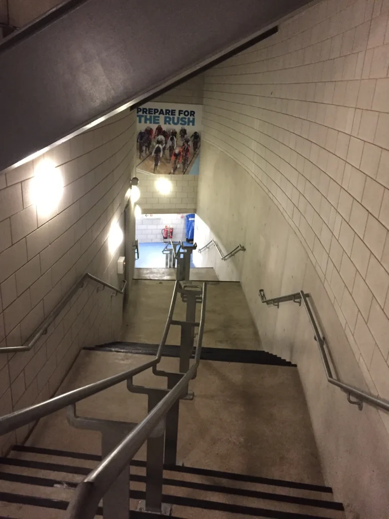 Stairs leading down to track from the changing rooms.