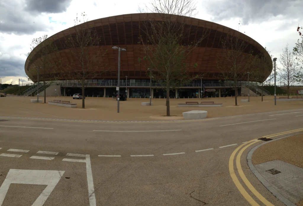 View of the London velodrome looking like a Pringle